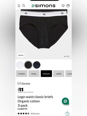 LE31 Black Logo-Waist Classic Briefs - 3-Pack (Black) Medium (Organic cotton)